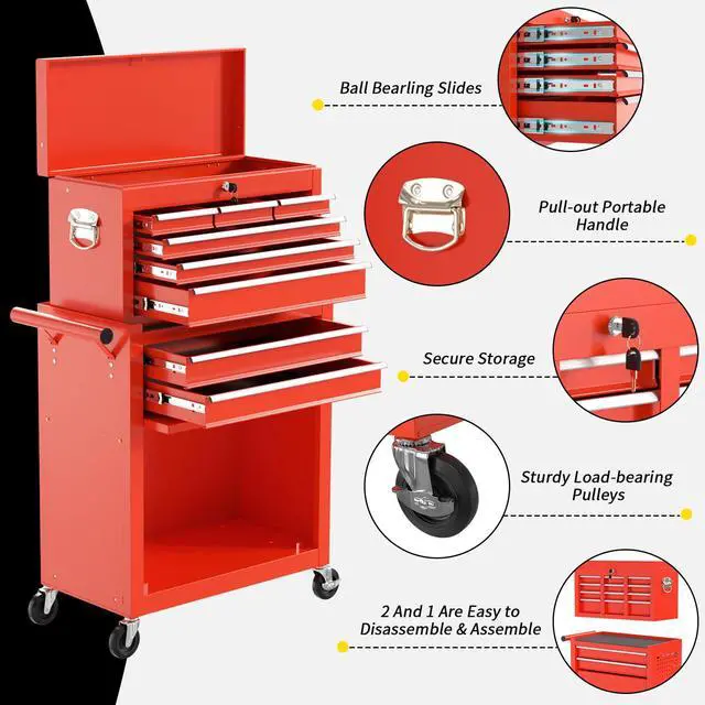 Alt view image 4 of 6 - 8 Drawer Rolling Tool Chest, Large Capacity Rolling Tool Box with Wheels, Locking Mechanical Tool Chest, Portable Tool Box with Sliding Drawers for Garage Workshop and Tool Room (Red)