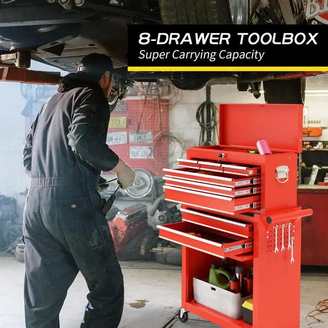Alt view image 6 of 6 - 8 Drawer Rolling Tool Chest, Large Capacity Rolling Tool Box with Wheels, Locking Mechanical Tool Chest, Portable Tool Box with Sliding Drawers for Garage Workshop and Tool Room (Red)