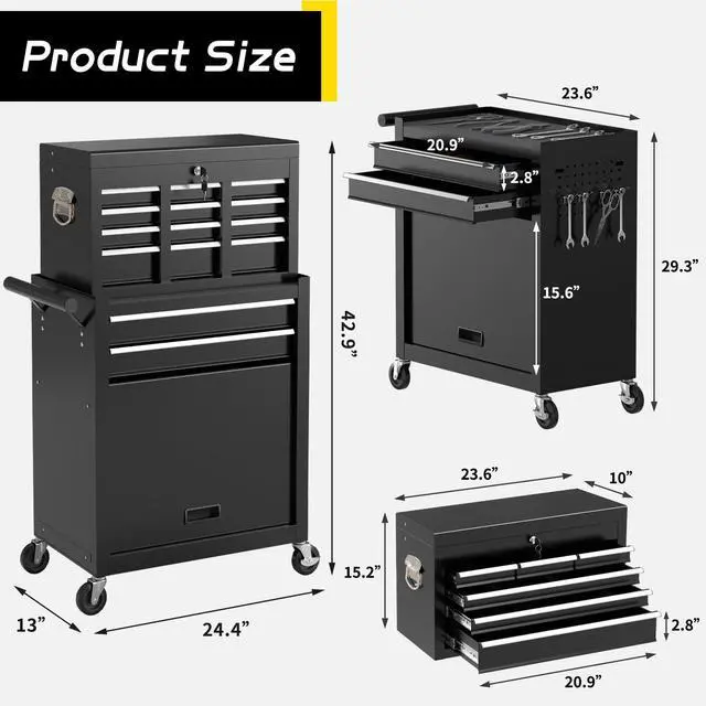 Alt view image 3 of 6 - 8 Drawer Rolling Tool Chest, Large Capacity Rolling Tool Box with Wheels, Locking Mechanical Tool Chest, Portable Tool Box with Sliding Drawers for Garage Workshop and Tool Room (Black)