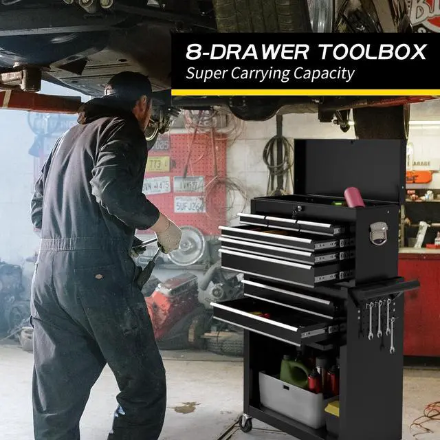 Alt view image 4 of 6 - 8 Drawer Rolling Tool Chest, Large Capacity Rolling Tool Box with Wheels, Locking Mechanical Tool Chest, Portable Tool Box with Sliding Drawers for Garage Workshop and Tool Room (Black)
