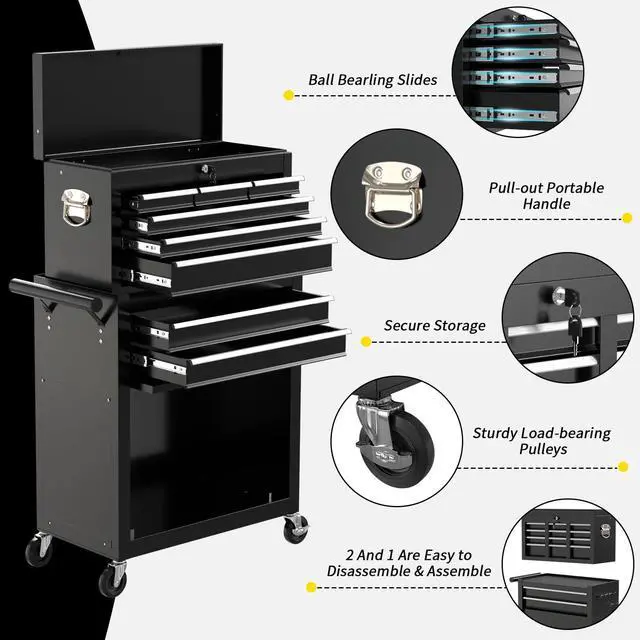 Alt view image 5 of 6 - 8 Drawer Rolling Tool Chest, Large Capacity Rolling Tool Box with Wheels, Locking Mechanical Tool Chest, Portable Tool Box with Sliding Drawers for Garage Workshop and Tool Room (Black)