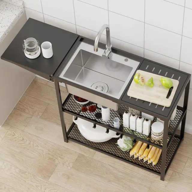 Main image of 47" Freestanding Kitchen Utility Sink w/Stainless Steel Single Bowl, Foldable Countertop & Double Storage Shelves, Cold & Hot Water Faucet for Farmhouse, Outdoor, Laundry and Commercial Use
