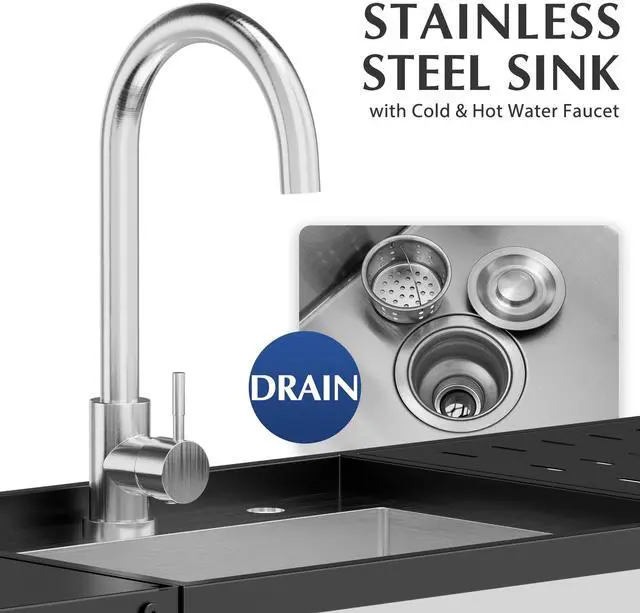 Alt view image 2 of 6 - 47" Freestanding Kitchen Utility Sink w/Stainless Steel Single Bowl, Foldable Countertop & Double Storage Shelves, Cold & Hot Water Faucet for Farmhouse, Outdoor, Laundry and Commercial Use