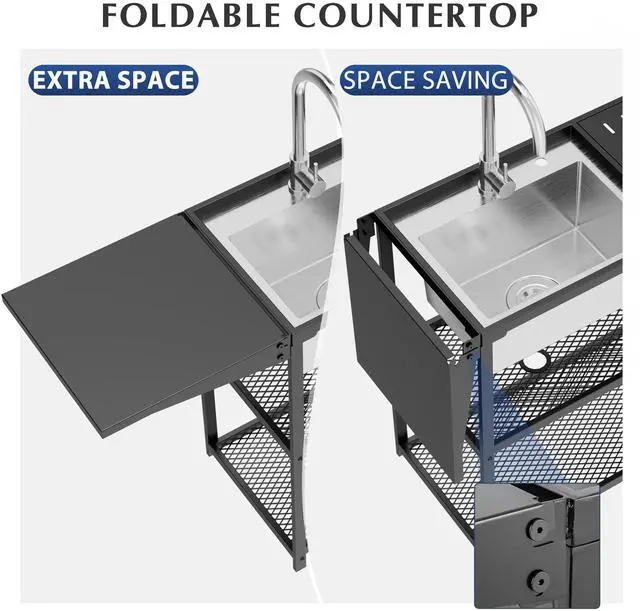 Alt view image 3 of 6 - 47" Freestanding Kitchen Utility Sink w/Stainless Steel Single Bowl, Foldable Countertop & Double Storage Shelves, Cold & Hot Water Faucet for Farmhouse, Outdoor, Laundry and Commercial Use