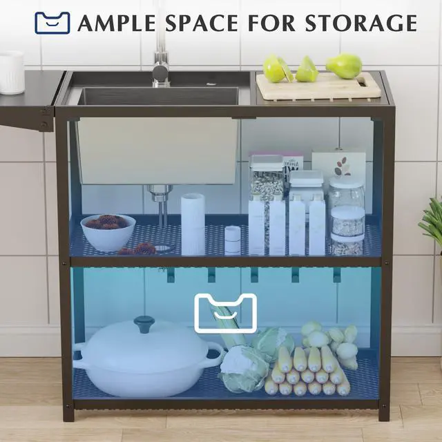 Alt view image 4 of 6 - 47" Freestanding Kitchen Utility Sink w/Stainless Steel Single Bowl, Foldable Countertop & Double Storage Shelves, Cold & Hot Water Faucet for Farmhouse, Outdoor, Laundry and Commercial Use