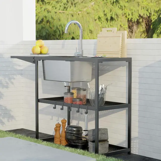 Alt view image 5 of 6 - 47" Freestanding Kitchen Utility Sink w/Stainless Steel Single Bowl, Foldable Countertop & Double Storage Shelves, Cold & Hot Water Faucet for Farmhouse, Outdoor, Laundry and Commercial Use