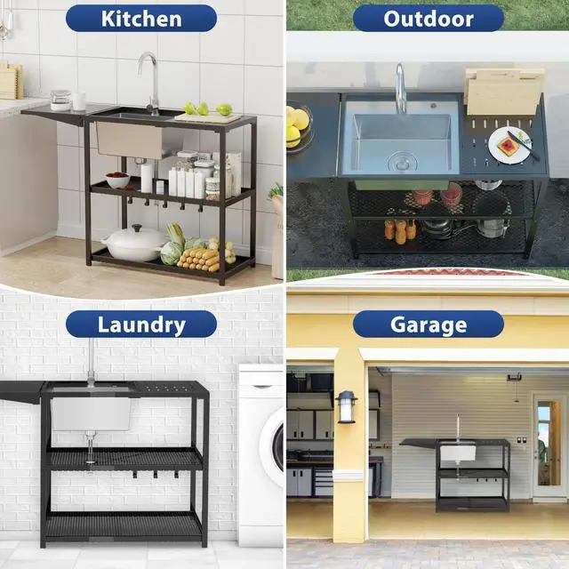Alt view image 6 of 6 - 47" Freestanding Kitchen Utility Sink w/Stainless Steel Single Bowl, Foldable Countertop & Double Storage Shelves, Cold & Hot Water Faucet for Farmhouse, Outdoor, Laundry and Commercial Use
