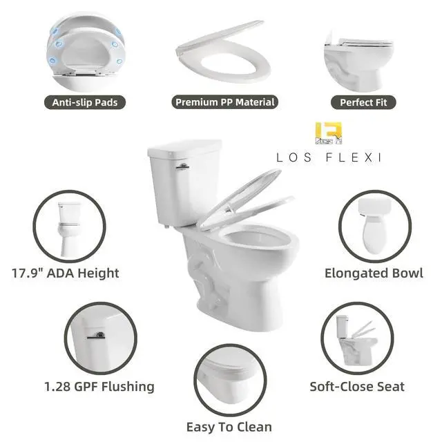 Alt view image 2 of 6 - 17.9 Inch ADA Two-Piece Toilet for Bathroom, Elongated Bowl & Comfort Height Toilet, Powerful Siphon Jet Flush 1.28 GPF, Tall Toilet With Convenience, Standard 12" Rough-In & S-Trap