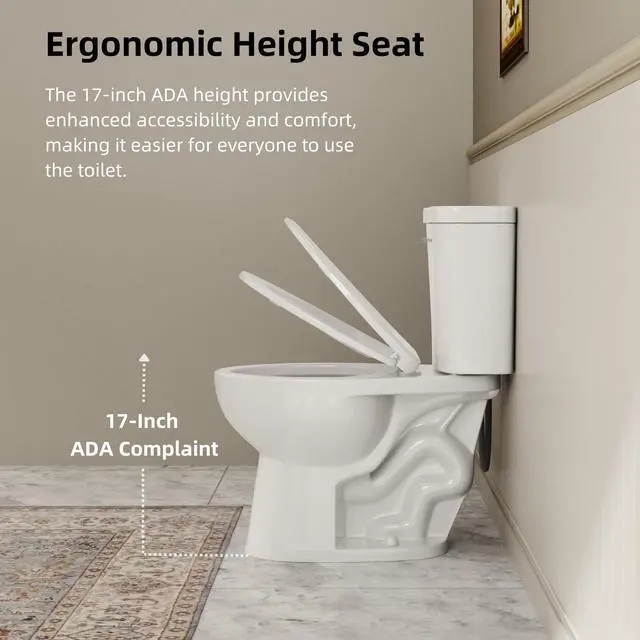 Alt view image 4 of 6 - 17.9 Inch ADA Two-Piece Toilet for Bathroom, Elongated Bowl & Comfort Height Toilet, Powerful Siphon Jet Flush 1.28 GPF, Tall Toilet With Convenience, Standard 12" Rough-In & S-Trap