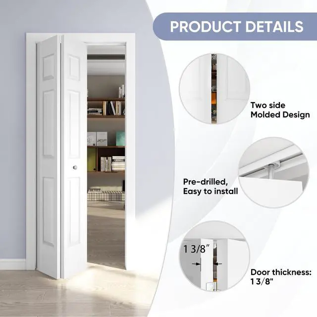 Alt view image 2 of 6 - 36in. x 80in. Bifold Door, 6 Panel Primed Bifold Interior Doors, Hollow Core Bi Fold Closet Door with Hardware Kit Include, Folding Doors for Laundry, Pantry & Bedroom