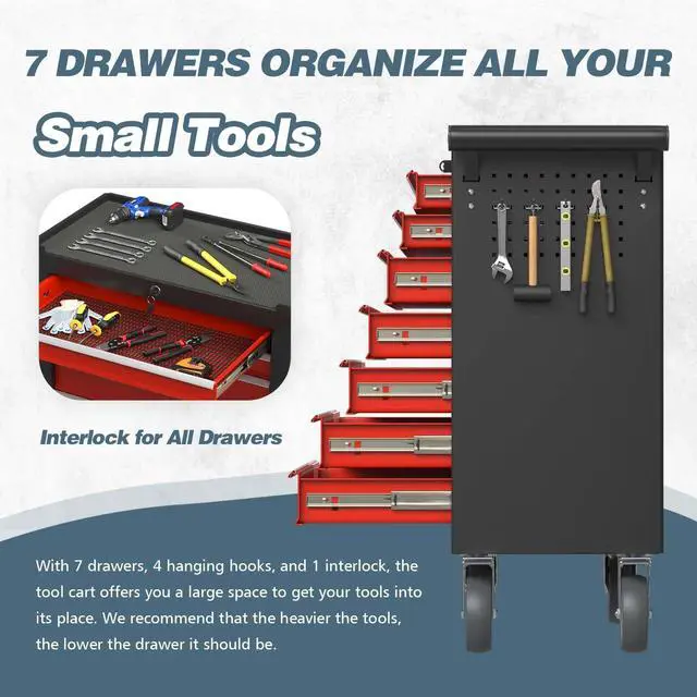 Alt view image 4 of 6 - 7-Drawer Tool Chest, Rolling Tool Box with Wheels, High Capacity Detachable Mobile Tool Storage Cabinet for Workshop, Garage, Mechanics and Repair Room (BlackRed, 7-Drawer)