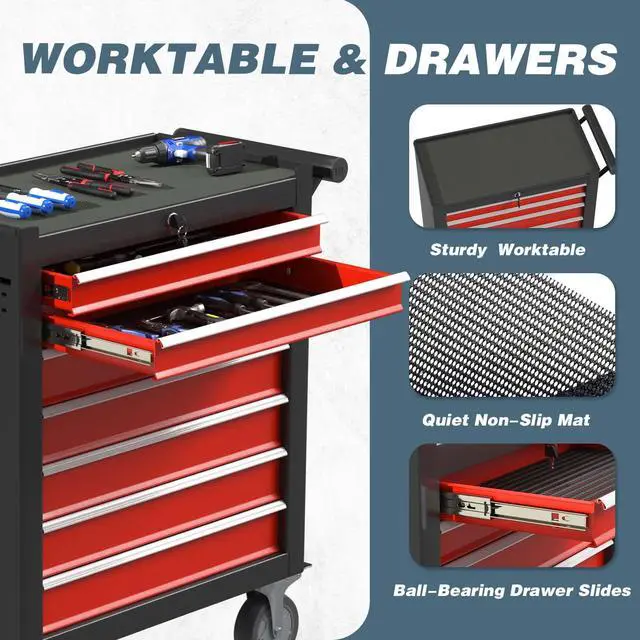 Alt view image 5 of 6 - 7-Drawer Tool Chest, Rolling Tool Box with Wheels, High Capacity Detachable Mobile Tool Storage Cabinet for Workshop, Garage, Mechanics and Repair Room (BlackRed, 7-Drawer)