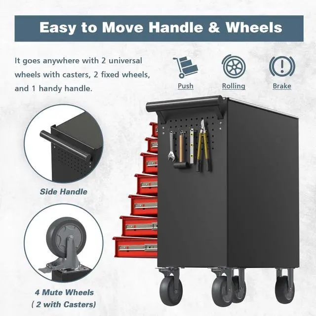 Alt view image 6 of 6 - 7-Drawer Tool Chest, Rolling Tool Box with Wheels, High Capacity Detachable Mobile Tool Storage Cabinet for Workshop, Garage, Mechanics and Repair Room (BlackRed, 7-Drawer)