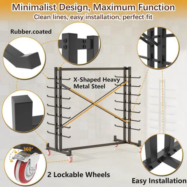 Alt view image 4 of 6 - Lumber Storage Rack, Heavy-Duty 2000LBS Rolling Lumber Rack on Wheels, 7-Tier Wood Storage Rack with X-Braced Steel Frame, Pipe Rack Organizer Shelving Unit for Garage Workshop