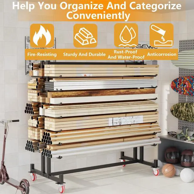 Alt view image 5 of 6 - Lumber Storage Rack, Heavy-Duty 2000LBS Rolling Lumber Rack on Wheels, 7-Tier Wood Storage Rack with X-Braced Steel Frame, Pipe Rack Organizer Shelving Unit for Garage Workshop