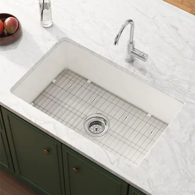 Main image of 32" x 19" Fireclay Undermount Sink - 32 Inch Dual Mount White Topmount Deep Single Bowl with Bottom Grid and Dual Overflow Strainer Drain