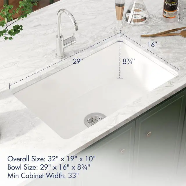 Alt view image 3 of 6 - 32" x 19" Fireclay Undermount Sink - 32 Inch Dual Mount White Topmount Deep Single Bowl with Bottom Grid and Dual Overflow Strainer Drain