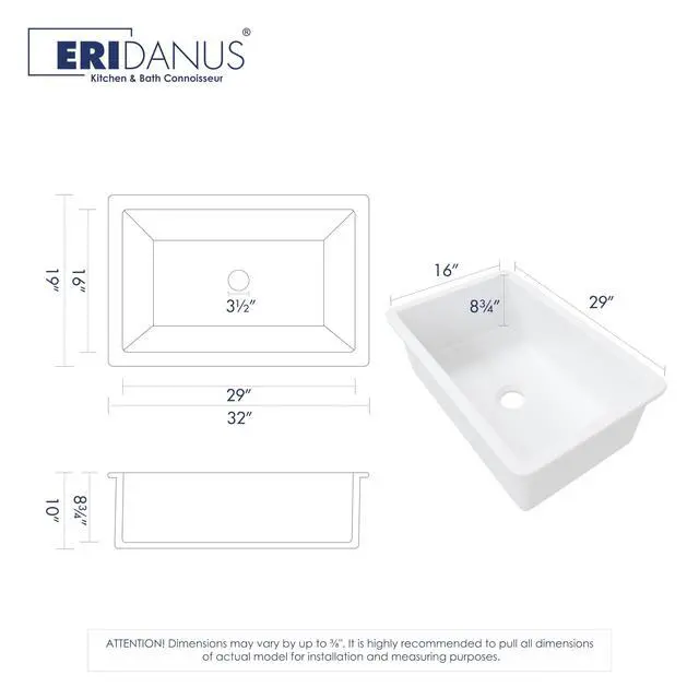 Alt view image 4 of 6 - 32" x 19" Fireclay Undermount Sink - 32 Inch Dual Mount White Topmount Deep Single Bowl with Bottom Grid and Dual Overflow Strainer Drain