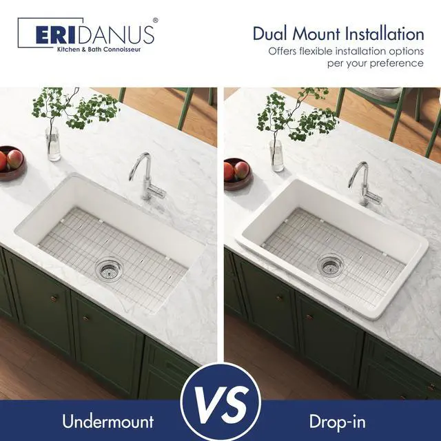 Alt view image 5 of 6 - 32" x 19" Fireclay Undermount Sink - 32 Inch Dual Mount White Topmount Deep Single Bowl with Bottom Grid and Dual Overflow Strainer Drain