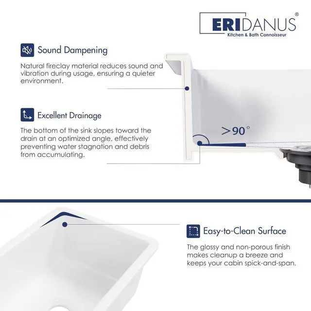 Alt view image 6 of 6 - 32" x 19" Fireclay Undermount Sink - 32 Inch Dual Mount White Topmount Deep Single Bowl with Bottom Grid and Dual Overflow Strainer Drain