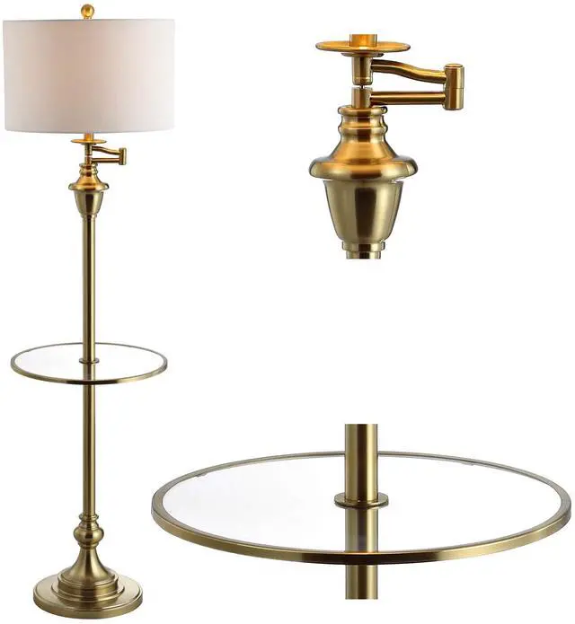 Main image of 60" Brass Gold Floor Lamp with Integrated Glass Side Table, Modern Swing Arm Standing Lamp for Living Room, White Linen Shade, LED Bulb Included JYL3055A