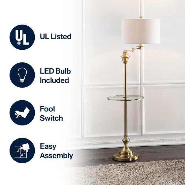 Alt view image 2 of 6 - 60" Brass Gold Floor Lamp with Integrated Glass Side Table, Modern Swing Arm Standing Lamp for Living Room, White Linen Shade, LED Bulb Included JYL3055A