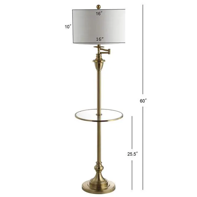 Alt view image 3 of 6 - 60" Brass Gold Floor Lamp with Integrated Glass Side Table, Modern Swing Arm Standing Lamp for Living Room, White Linen Shade, LED Bulb Included JYL3055A