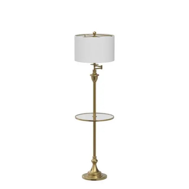 Alt view image 4 of 6 - 60" Brass Gold Floor Lamp with Integrated Glass Side Table, Modern Swing Arm Standing Lamp for Living Room, White Linen Shade, LED Bulb Included JYL3055A