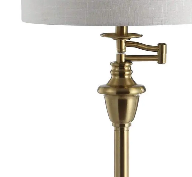 Alt view image 6 of 6 - 60" Brass Gold Floor Lamp with Integrated Glass Side Table, Modern Swing Arm Standing Lamp for Living Room, White Linen Shade, LED Bulb Included JYL3055A