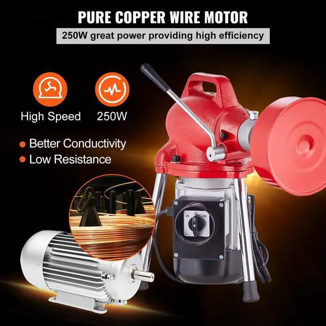 Alt view image 5 of 6 - Drain Cleaner Machine 66FT x 5/8 Inch, 250W Electric Sewer Snake Auger with 2 Sectional Steel Cables (66' x 5/8" and 15' x 3/8"), 7 Cutters and CW/CCW Control for 1.6" to 4" Pipes