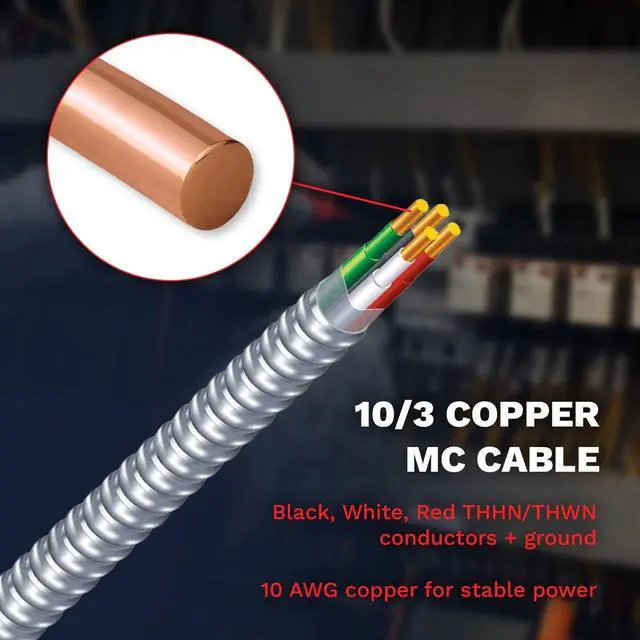 Alt view image 2 of 6 - MC Cable 10/3 - Metal Clad 50ft - Aluminium Armor Solid Copper Conductor - Cable for Indoor 50 Ft