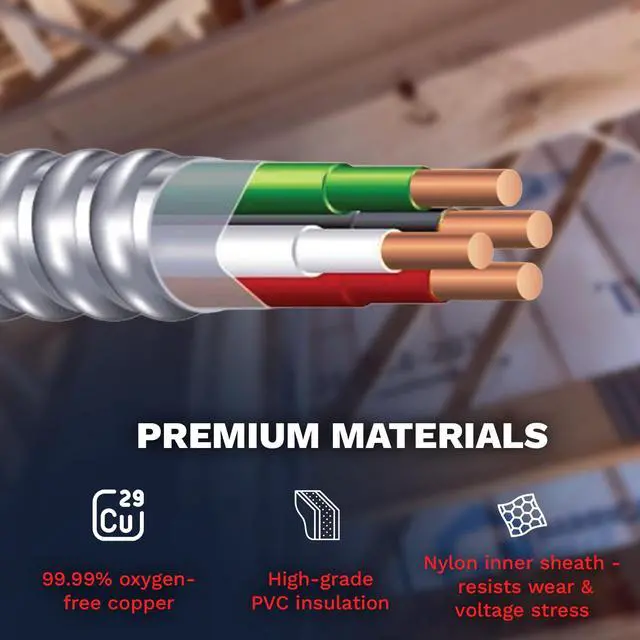 Alt view image 3 of 6 - MC Cable 10/3 - Metal Clad 50ft - Aluminium Armor Solid Copper Conductor - Cable for Indoor 50 Ft