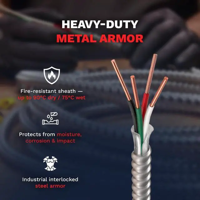Alt view image 4 of 6 - MC Cable 10/3 - Metal Clad 50ft - Aluminium Armor Solid Copper Conductor - Cable for Indoor 50 Ft