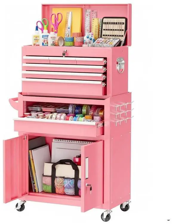 Main image of Rolling Tool Chest with Wheels, 8 Drawer Metal Tool Cart with Portable Tool Box and Work Bench, Assembled Tool Chest with Drawer and Hooks for Garage, Workshop, Warehouse - Pink