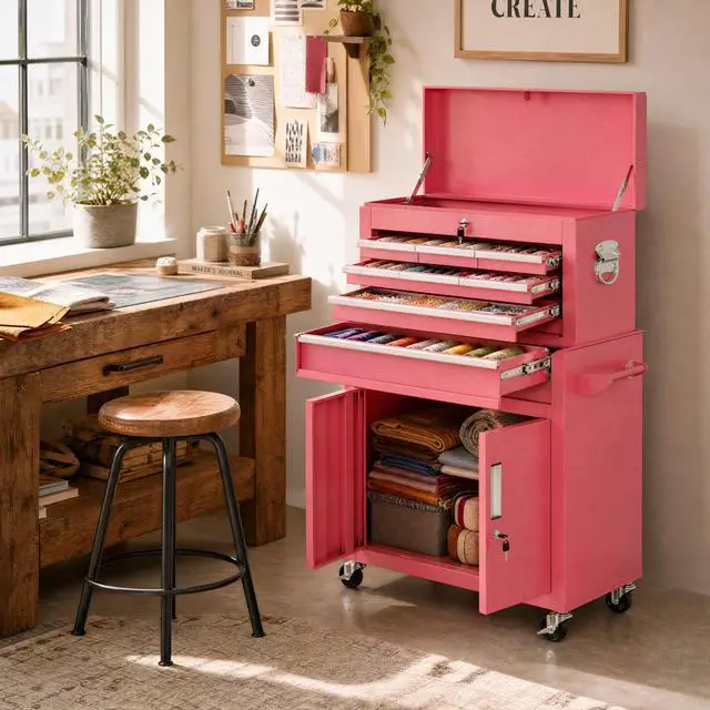 Alt view image 2 of 6 - Rolling Tool Chest with Wheels, 8 Drawer Metal Tool Cart with Portable Tool Box and Work Bench, Assembled Tool Chest with Drawer and Hooks for Garage, Workshop, Warehouse - Pink