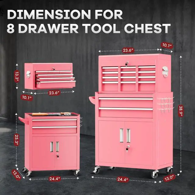 Alt view image 3 of 6 - Rolling Tool Chest with Wheels, 8 Drawer Metal Tool Cart with Portable Tool Box and Work Bench, Assembled Tool Chest with Drawer and Hooks for Garage, Workshop, Warehouse - Pink