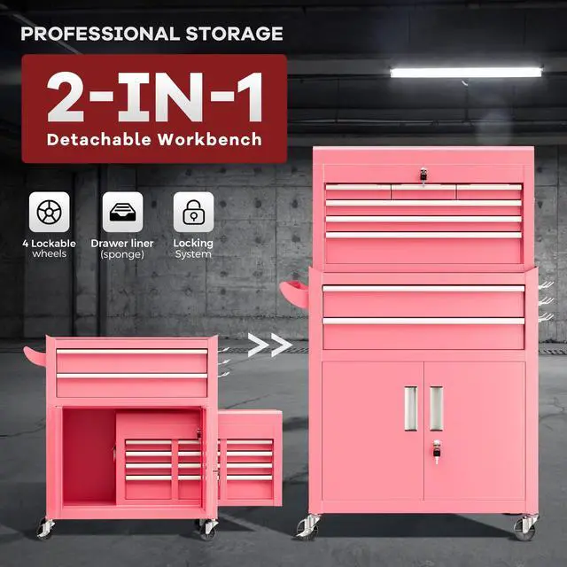 Alt view image 4 of 6 - Rolling Tool Chest with Wheels, 8 Drawer Metal Tool Cart with Portable Tool Box and Work Bench, Assembled Tool Chest with Drawer and Hooks for Garage, Workshop, Warehouse - Pink