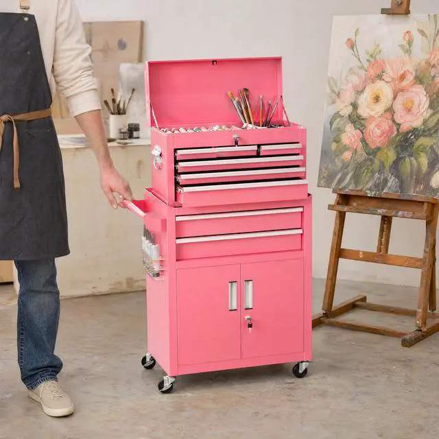 Alt view image 5 of 6 - Rolling Tool Chest with Wheels, 8 Drawer Metal Tool Cart with Portable Tool Box and Work Bench, Assembled Tool Chest with Drawer and Hooks for Garage, Workshop, Warehouse - Pink
