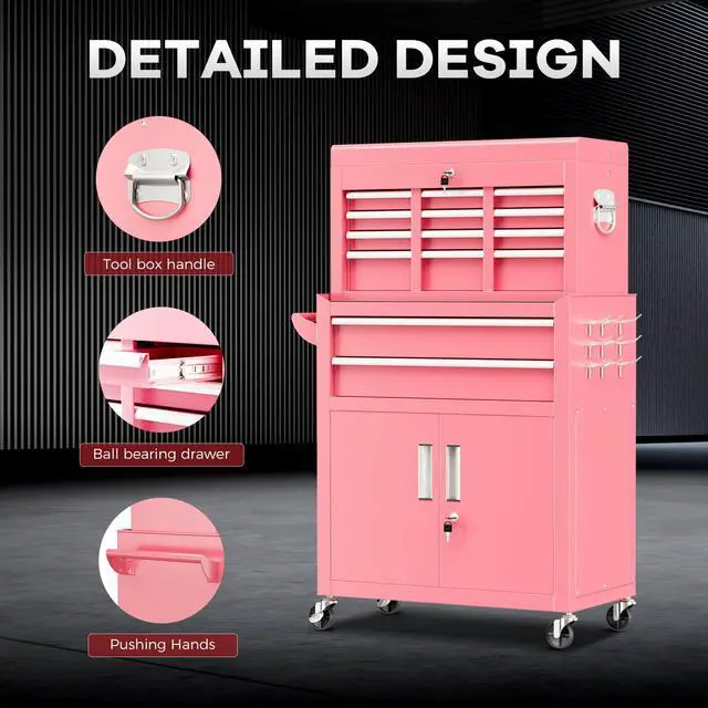 Alt view image 6 of 6 - Rolling Tool Chest with Wheels, 8 Drawer Metal Tool Cart with Portable Tool Box and Work Bench, Assembled Tool Chest with Drawer and Hooks for Garage, Workshop, Warehouse - Pink