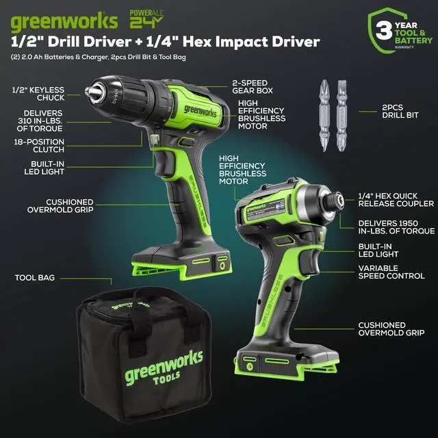 Alt view image 3 of 6 - 24V MAX Cordless Brushless Drill & Impact Driver Combo Kit, Electric Drill Set, High Torque, Lightweight, Professional Grade, Includes 2x 2.0Ah Batteries, Charger, and Storage Bag