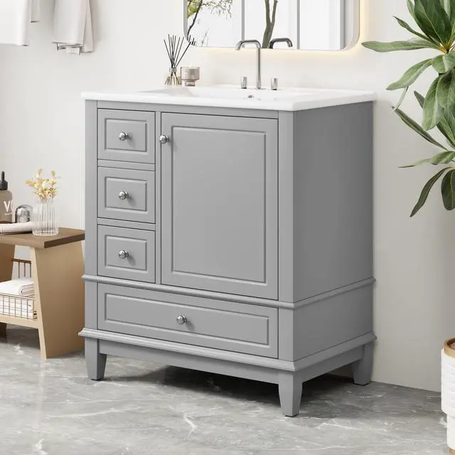 Alt view image 2 of 6 - 30 Inch Grey Bathroom Vanity with Sink,Modern Bathroom Vanity with Integrated Countertop,3 Drawers Left Hand,Storage Door Organizer,Soft Closing Door with Sliver Handles,Solid Wood Frame