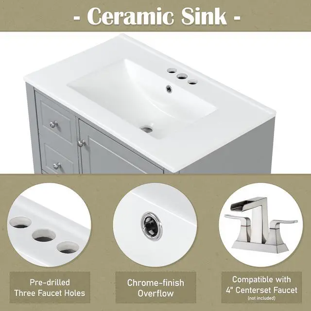 Alt view image 3 of 6 - 30 Inch Grey Bathroom Vanity with Sink,Modern Bathroom Vanity with Integrated Countertop,3 Drawers Left Hand,Storage Door Organizer,Soft Closing Door with Sliver Handles,Solid Wood Frame