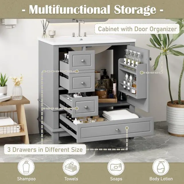 Alt view image 4 of 6 - 30 Inch Grey Bathroom Vanity with Sink,Modern Bathroom Vanity with Integrated Countertop,3 Drawers Left Hand,Storage Door Organizer,Soft Closing Door with Sliver Handles,Solid Wood Frame