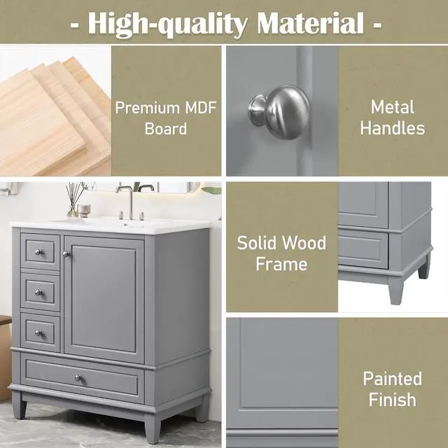 Alt view image 5 of 6 - 30 Inch Grey Bathroom Vanity with Sink,Modern Bathroom Vanity with Integrated Countertop,3 Drawers Left Hand,Storage Door Organizer,Soft Closing Door with Sliver Handles,Solid Wood Frame