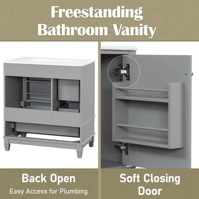 Alt view image 6 of 6 - 30 Inch Grey Bathroom Vanity with Sink,Modern Bathroom Vanity with Integrated Countertop,3 Drawers Left Hand,Storage Door Organizer,Soft Closing Door with Sliver Handles,Solid Wood Frame