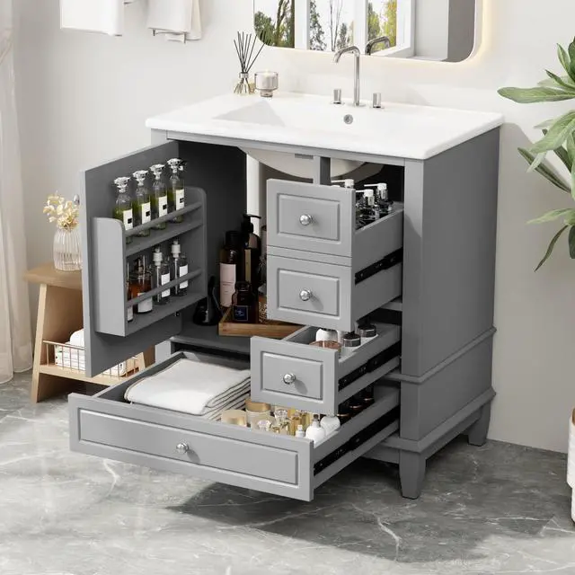 Main image of 30 Inch Grey Bathroom Vanity with Sink,Modern Bathroom Vanity with 3 Drawers & Gold Handles,Drop-in with Integrated Countertop,Soft Closing Door with Shelf Organizer,Solid Wood Frame