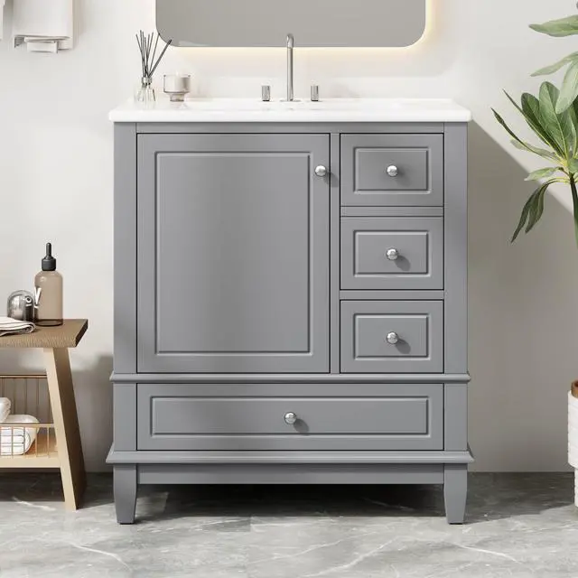 Alt view image 3 of 6 - 30 Inch Grey Bathroom Vanity with Sink,Modern Bathroom Vanity with 3 Drawers & Gold Handles,Drop-in with Integrated Countertop,Soft Closing Door with Shelf Organizer,Solid Wood Frame