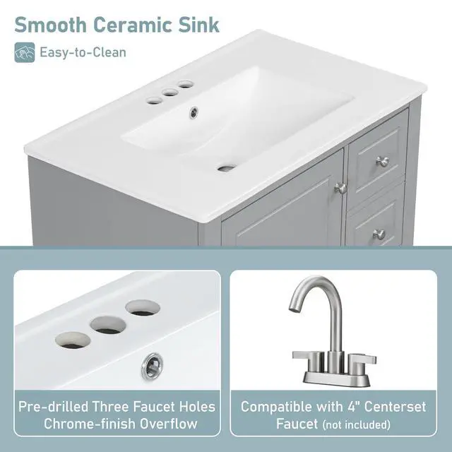 Alt view image 4 of 6 - 30 Inch Grey Bathroom Vanity with Sink,Modern Bathroom Vanity with 3 Drawers & Gold Handles,Drop-in with Integrated Countertop,Soft Closing Door with Shelf Organizer,Solid Wood Frame
