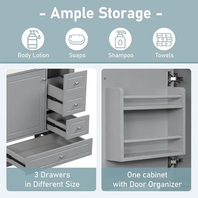 Alt view image 5 of 6 - 30 Inch Grey Bathroom Vanity with Sink,Modern Bathroom Vanity with 3 Drawers & Gold Handles,Drop-in with Integrated Countertop,Soft Closing Door with Shelf Organizer,Solid Wood Frame