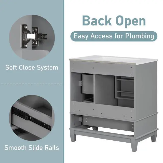 Alt view image 6 of 6 - 30 Inch Grey Bathroom Vanity with Sink,Modern Bathroom Vanity with 3 Drawers & Gold Handles,Drop-in with Integrated Countertop,Soft Closing Door with Shelf Organizer,Solid Wood Frame